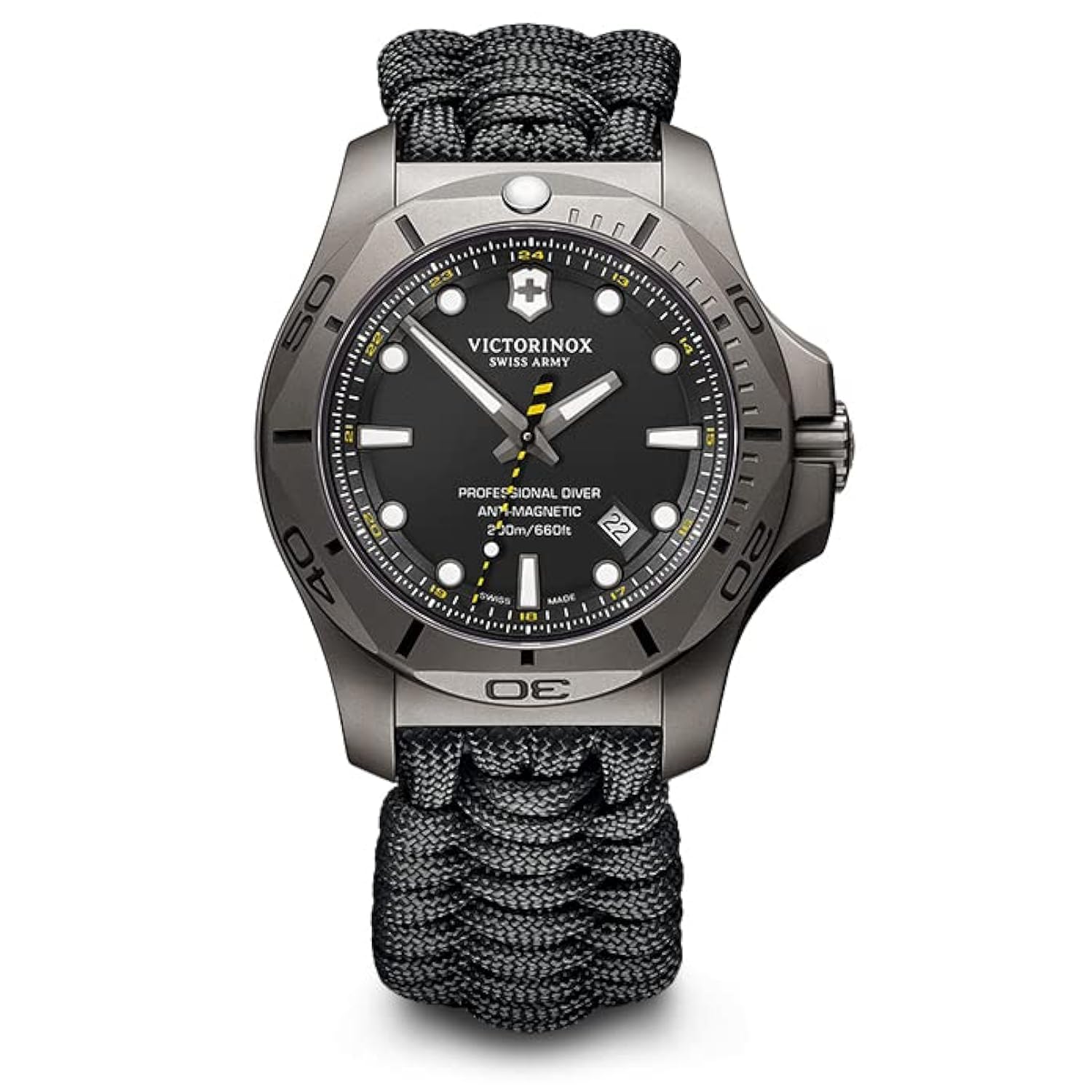 

Годинник PROFESSIONAL DIVER TITANIUM Титановий корпус із піскоструминною обробкою Чорний циферблат Чорний паракордовий ремінь 200 м Водонепроникний аналоговий подарунок [Victorinox] INOX чорний