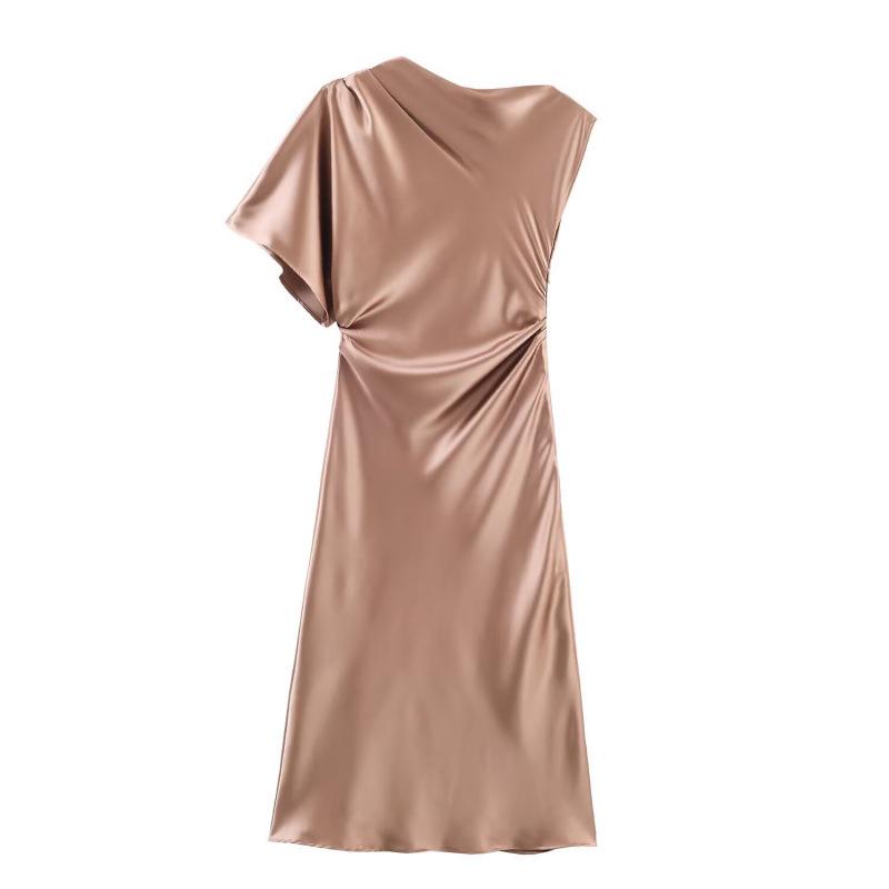 2026 Spring European & American Style Asymmetrical Sleeve Silk Satin Midi Dress Medium
