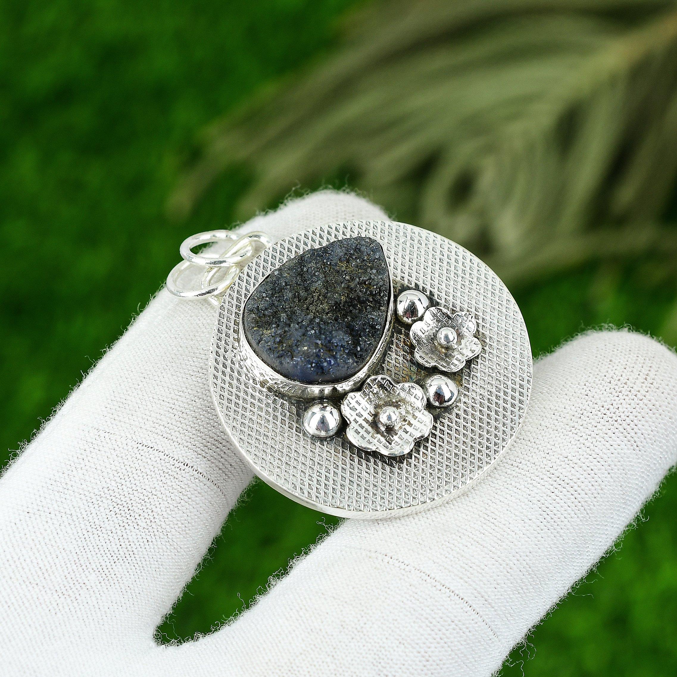 

Birthday Gift For Her Natural Hememorphite Druzy Gemstone Pendant 925 Silver