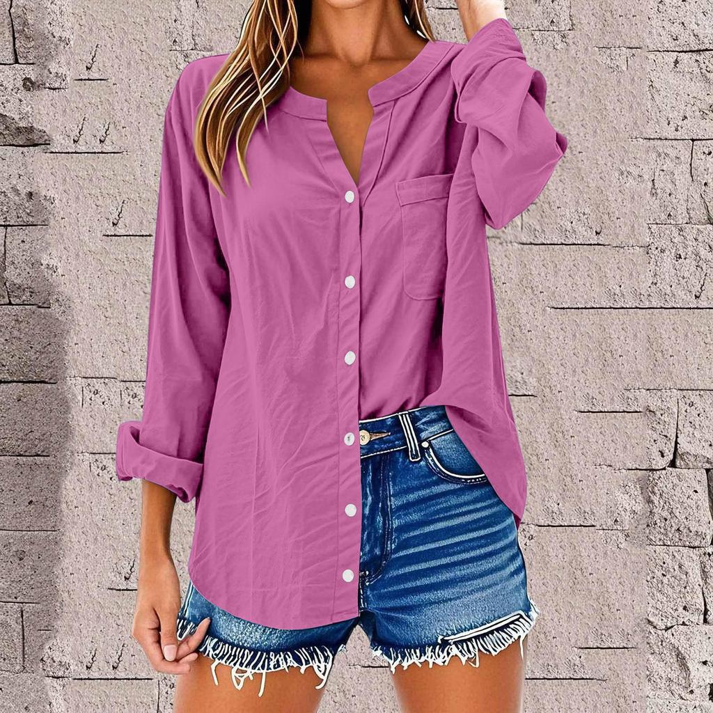 Women's Fashion Casual Solid Color T-Shirt Cotton Linen Long Sleeve Cardigan Loose Top