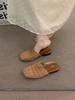 Sheepskin version~ niche French one-word cool slippers women's open-toed square head temperament Roman shoes flat beach shoes