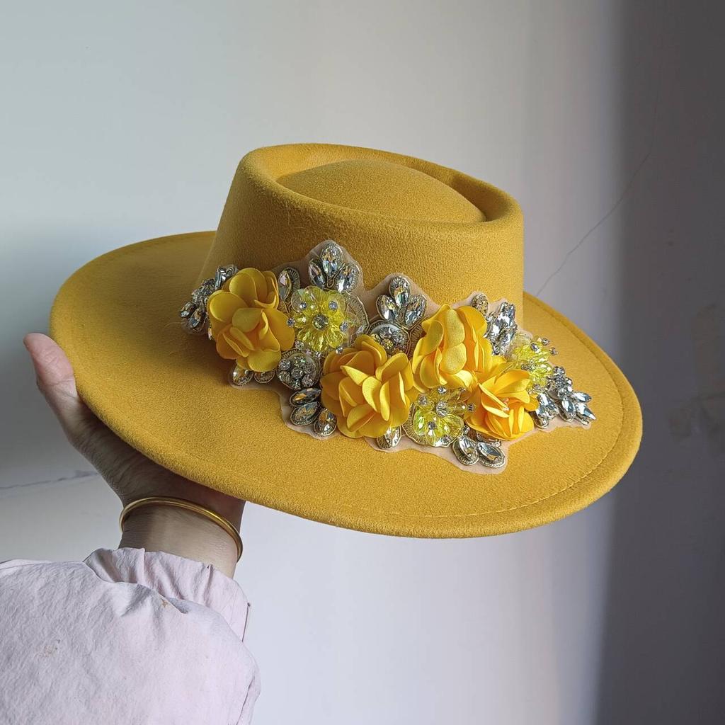 Dark Brown Faux Floral Felt Hat Wedding Hat Women'S Jazz Hat Panama French Elegant Felt Hat Somprero Mujer Chapeau Femme Luxe