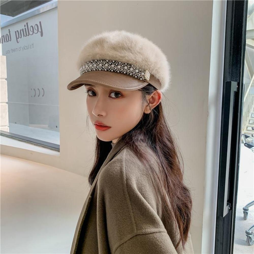 Women's Hats Fall and Winter Plush Flat Top Navy Hat Fashion Versatile Pearl Cap Lace Winter Star Anise Beret