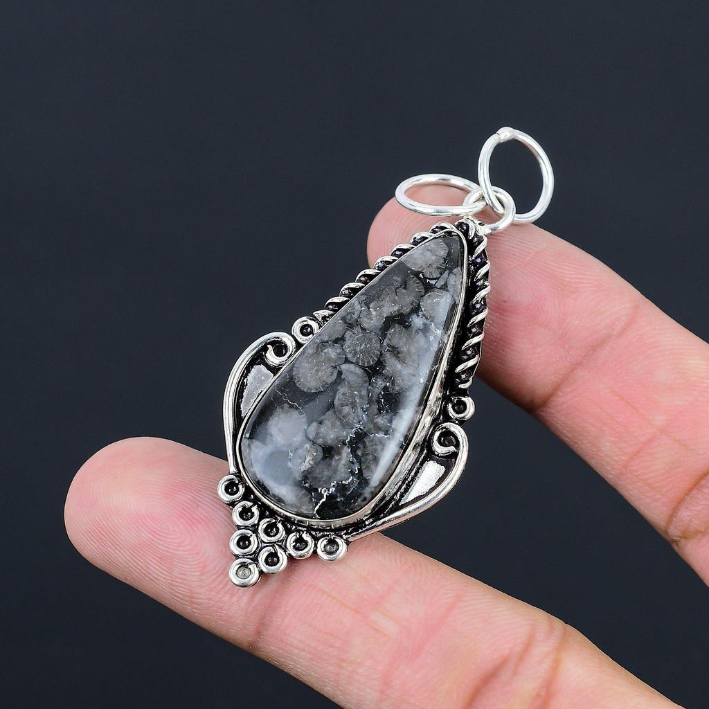 Pear Black Fossil Coral Stone Sterling Silver Bezel Mother Handcrafted Pendant