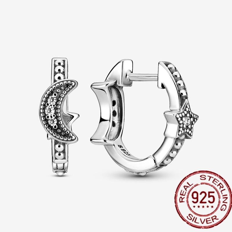 New 925 Sterling Silver Sparkling Crescent Moon &Stars Beaded Hoop Earrings Women Jewelry Gift For Women Luxury