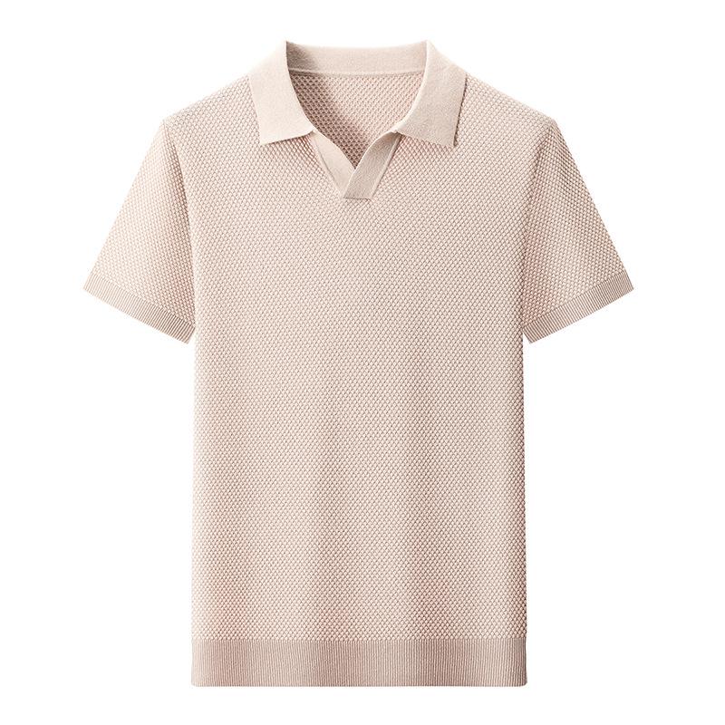 Men's 2025 Summer V-neck Polo - Casual Short Sleeve Pure Cotton Shirt with Pineapple Texture