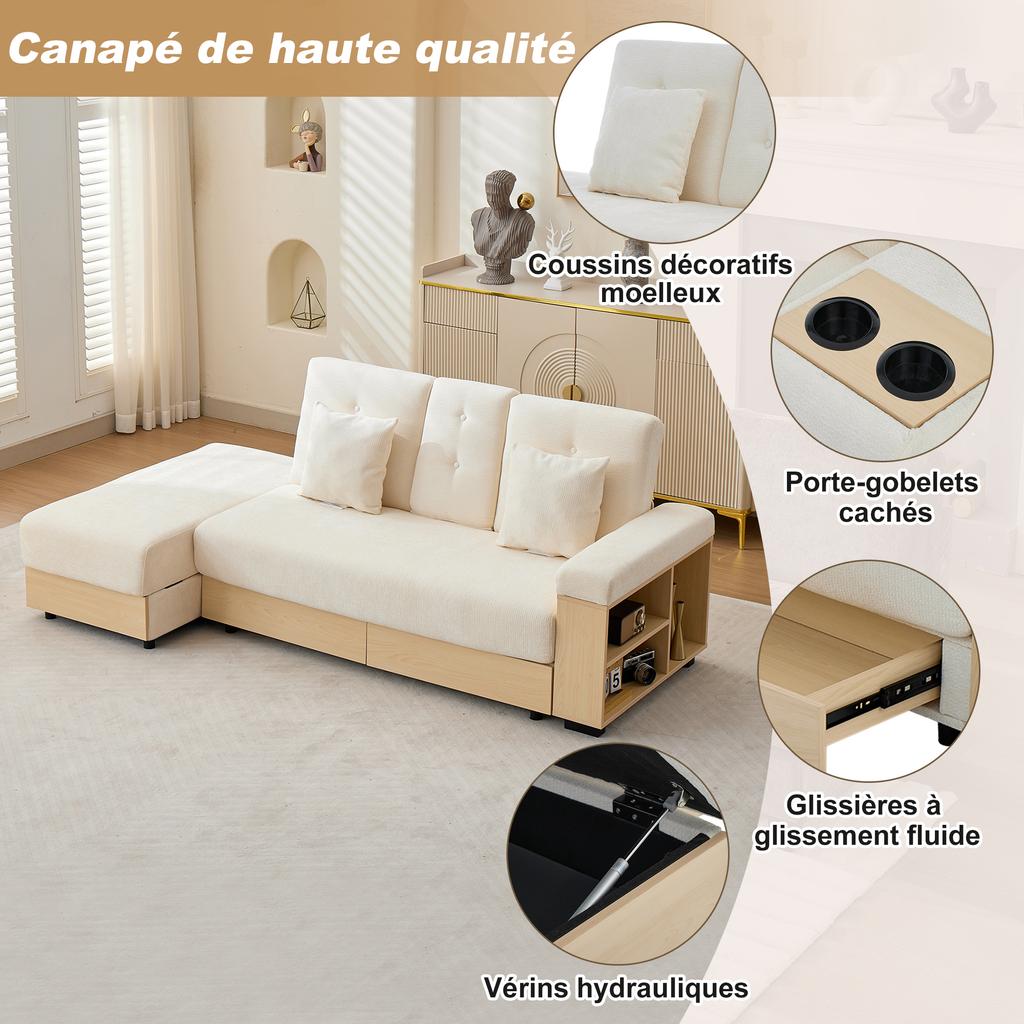 Divano Modulare con Contenitore, Schienale Regolabile su 3 Posizioni, Divano Letto con Cassetti, Tessuto in Chenille, Struttura in MDF, Portabicchieri e Pouf Contenitore, 217 cm, Beige