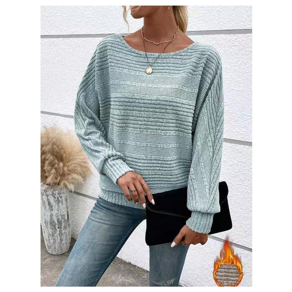 Herbst und Winter Bequemes Lässiges Einfarbiges Langärmeliges Rundhals Patchwork Pullover Top T-Shirt für Damen
