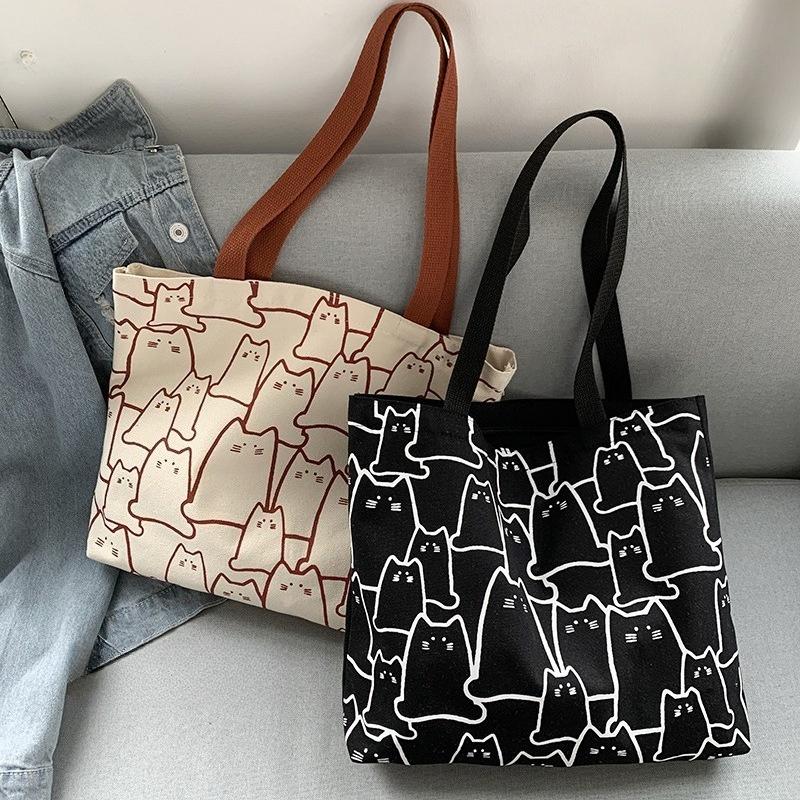 Stylish Cat Pattern Student School Bags, Large Capacity Canvas Tote Bag , Cute Literary Handbag Shoulder Bag for Women Daily Use