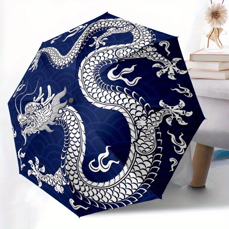

1pc Automatic Open/Close Folding Umbrella - Compact Portable Travel Umbrella with 8-Rib Durable Frame, Navy Blue & White Drago