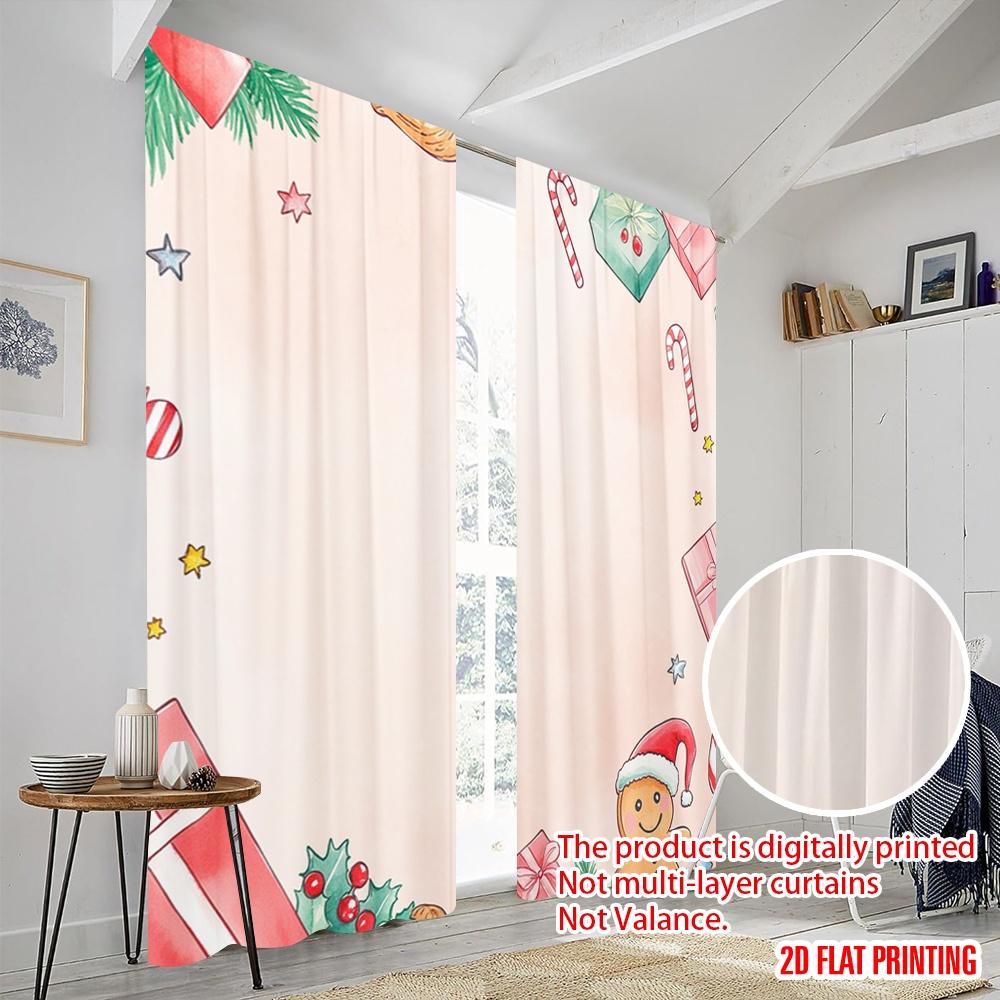 2Pcs,2D Plane Printing Minimalist Curtains Christmas Bell Presents Stocking Polyester Easy Install (Without Rod) Decorations