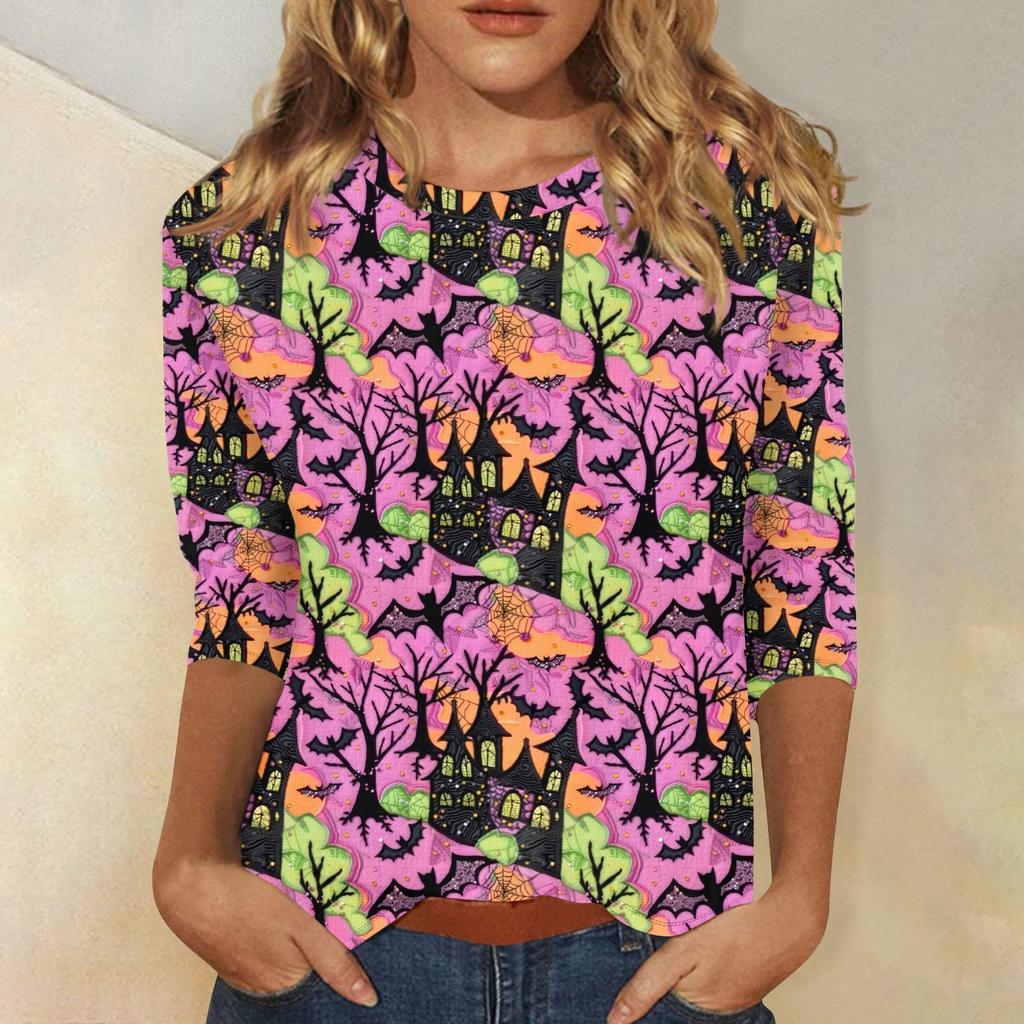 Damenmode Lässig Dreiviertelärmel Halloween-Print Rundhals-Top
