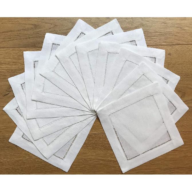 White Linen Cocktail Napkin 6"x6"-A Dozen Cloth Napkin Coasters-Ladder Hemstitch 100% Linen Beverage Party Napkin Coasters