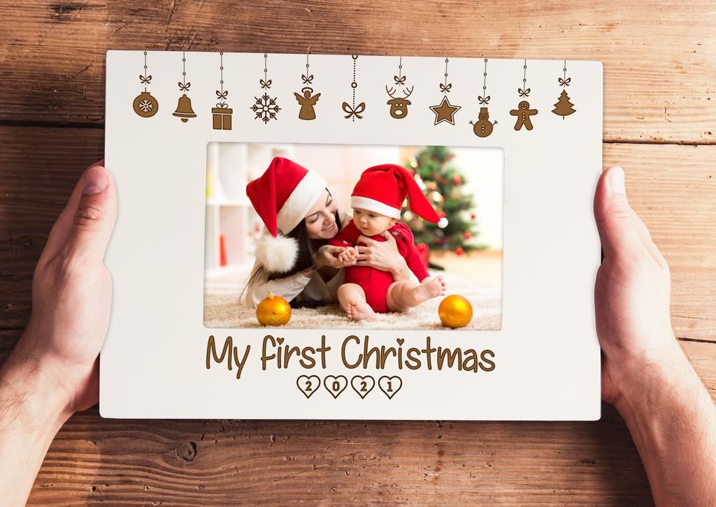 Darling Souvenir MADE WITH LOVE Personalized Wood Engraved Christmas Picture Frame, Table Top White Photo Frame (My First Christmas)