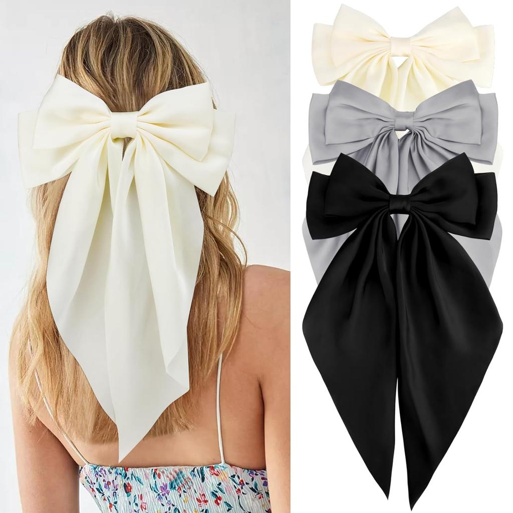 3Pcs Women Elegant Bow Ribbon Hair Clips Solid Color Satin Bowknot Clips Girls Korean Hairpins Party Headdress Hair Accessories