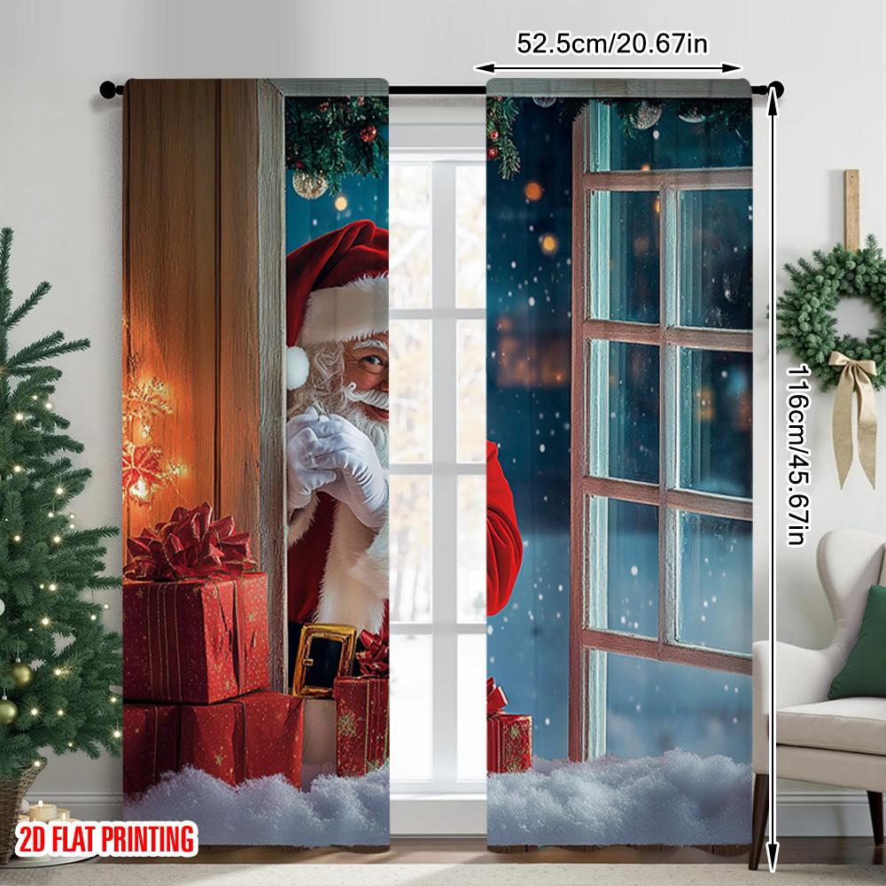 2pcs 2D Flat Printing Merry Christmas Popular Window Drapes Santa Claus Outside the Window Machine Washable Fabric Without