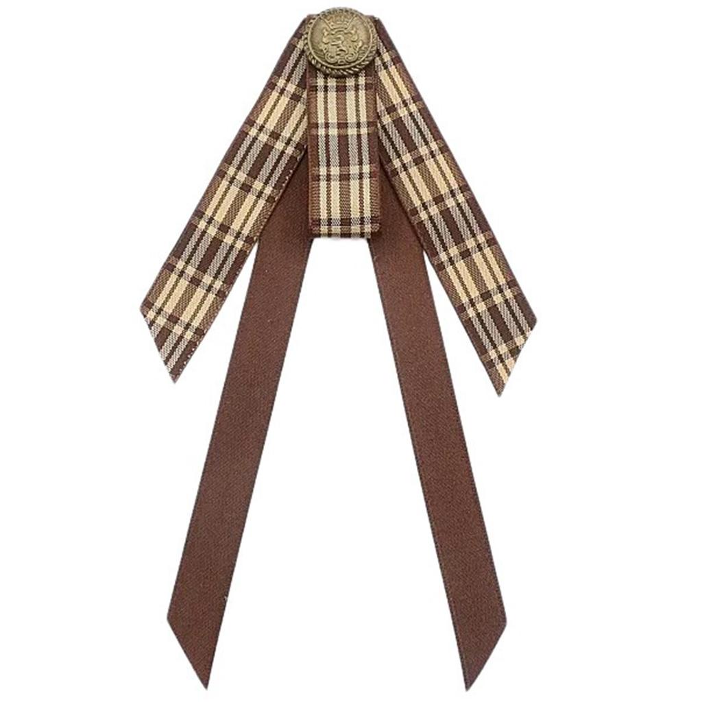 Vintage Brown Plaids Ribbon Bows Tie Brooch Pin for Women Girl Japanese Preppy Uniform Pre Tied Bowknot Corsage Necktie