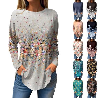 T-shirts pour femmes automne décontracté à manches longues chemises sweat rétro impression haut pull