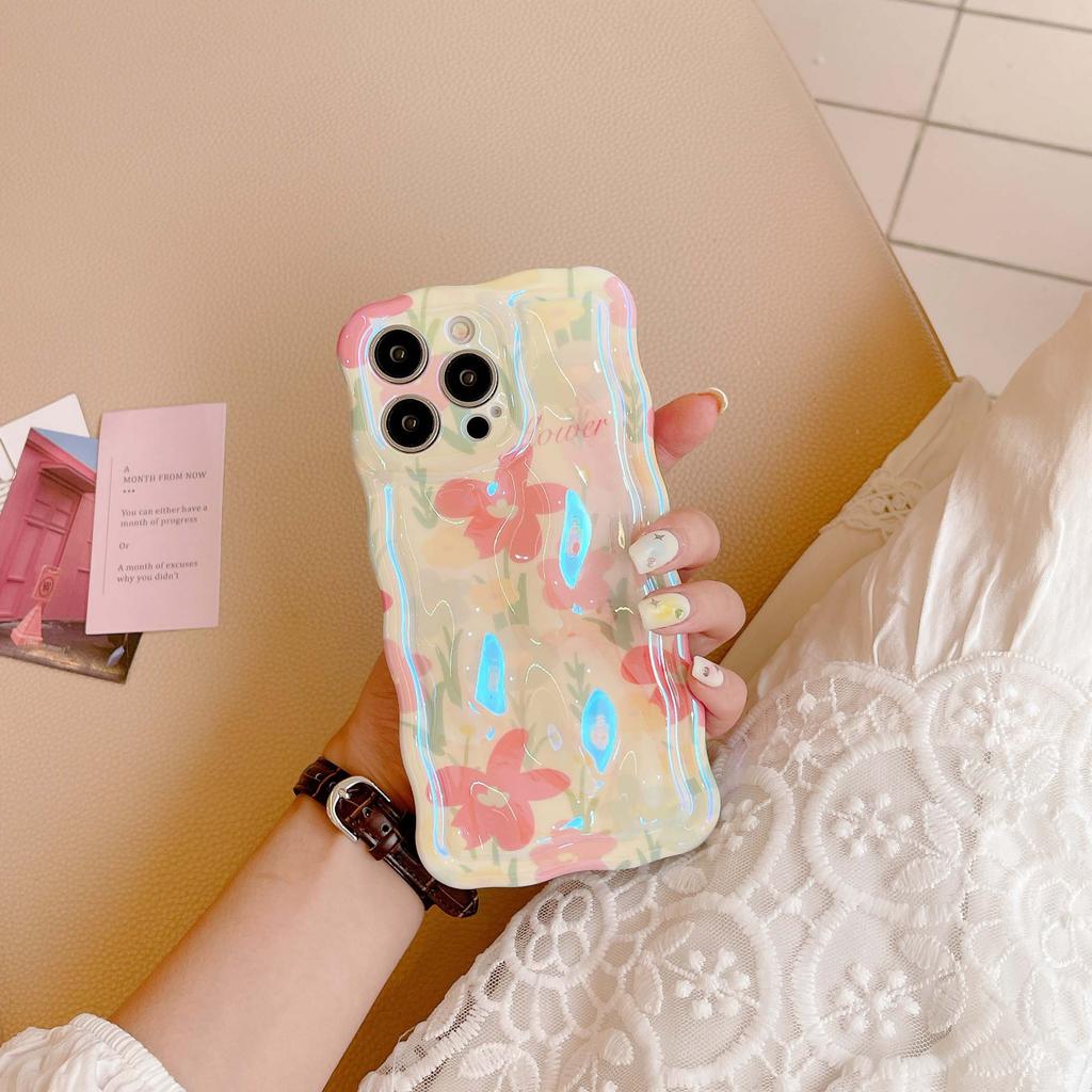 Imd Laser Red Flower 2023 New Wavy Cute Relif Phone Case For Iphone 13 14 Pro Max 11 12 Promax Back Cover Conque Capa