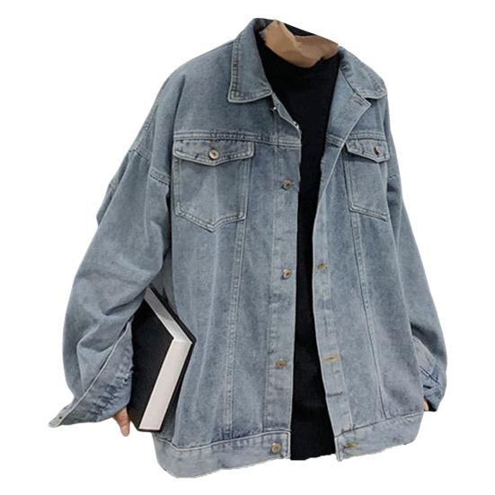 

Мужское джинсовое пальто с лацканами, длинными рукавами, карманами с клапанами, однобортная куртка с M синий