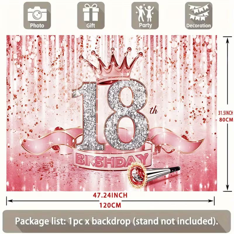 2D Pink Rose Gold 18th Birthday Backdrop Glitter Crown Photo Booth Banner