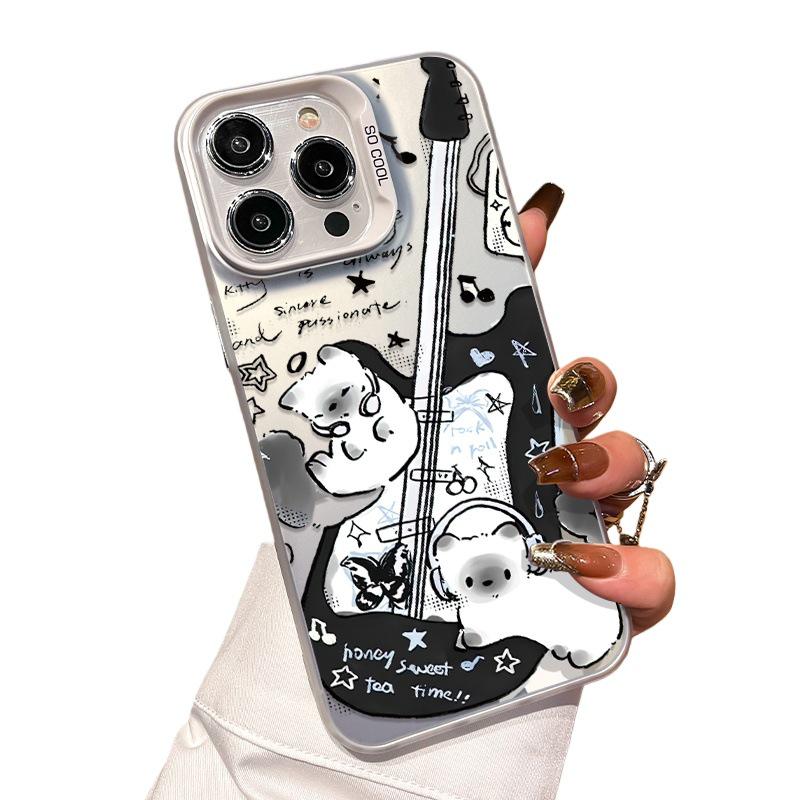 Custodia per Telefono Gatto Chitarra Argento per iPhone 12 Pro Max a 17/16/15 Plus/14/13