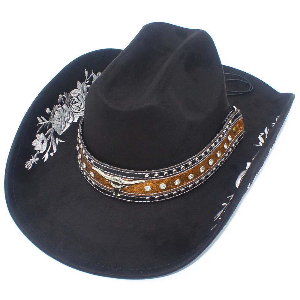 Fashion Embroidered Suede Western Cowboy Hat Personalized Big Eaves Bullhead Accessories Knight Hat Versatile Bent Edge Top Hat