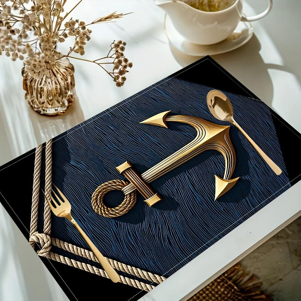 4 Ocean Anchor Pattern Placemats, 100% Rectangular Table Mats, Hand Washed, Size 12x18 Inches, Suitable for Dining, Kitchen, Party and Home Decoration