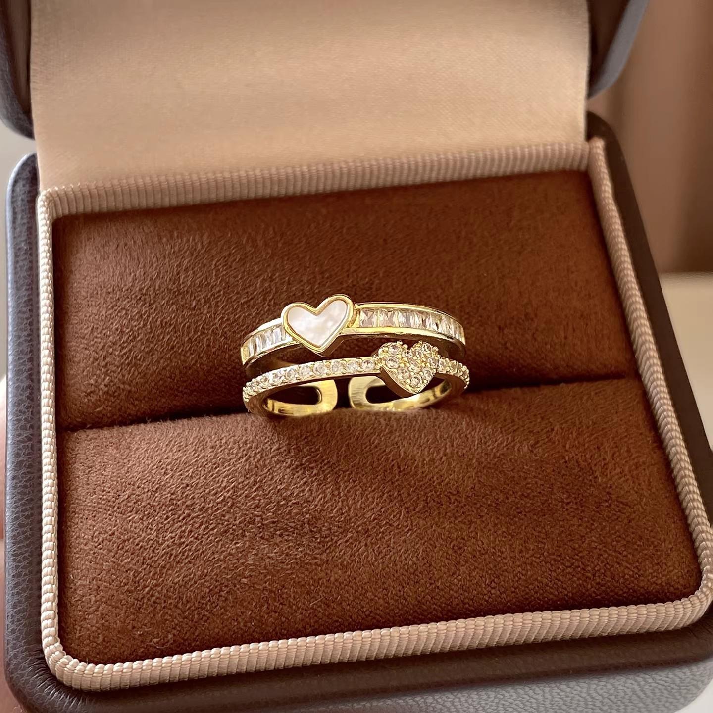 French Shell Heart Zirconia Double Layer Open Women s Ring - Exquisite High-End Versatile Jewelry