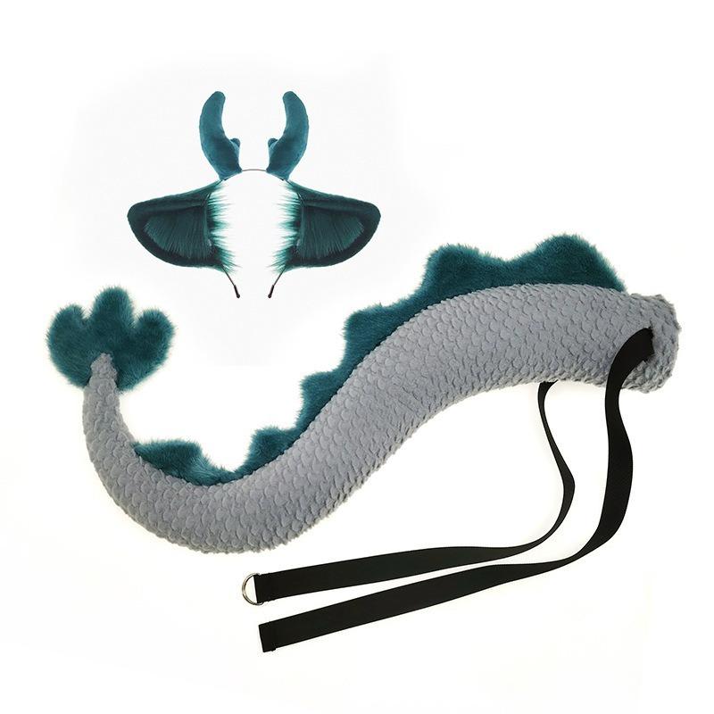 Handwork Little Dragon Ears Tail Set Fursuit Cosplay Costume Furry Animal Tails Ear Headband Halloween Party Suit For Women Men