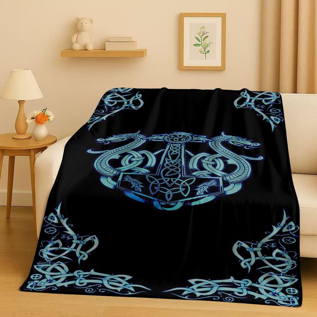 Retro Nordic Viking Totem Vegvisir Rune Valhalla Valknut Flannel Blanket,Ultra Soft Plush Throw for Home Bedroom Bed Sofa Cover