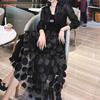 Women's European-Style Black Midi Skirt - 2025 High-End Mesh A-Line Umbrella Design