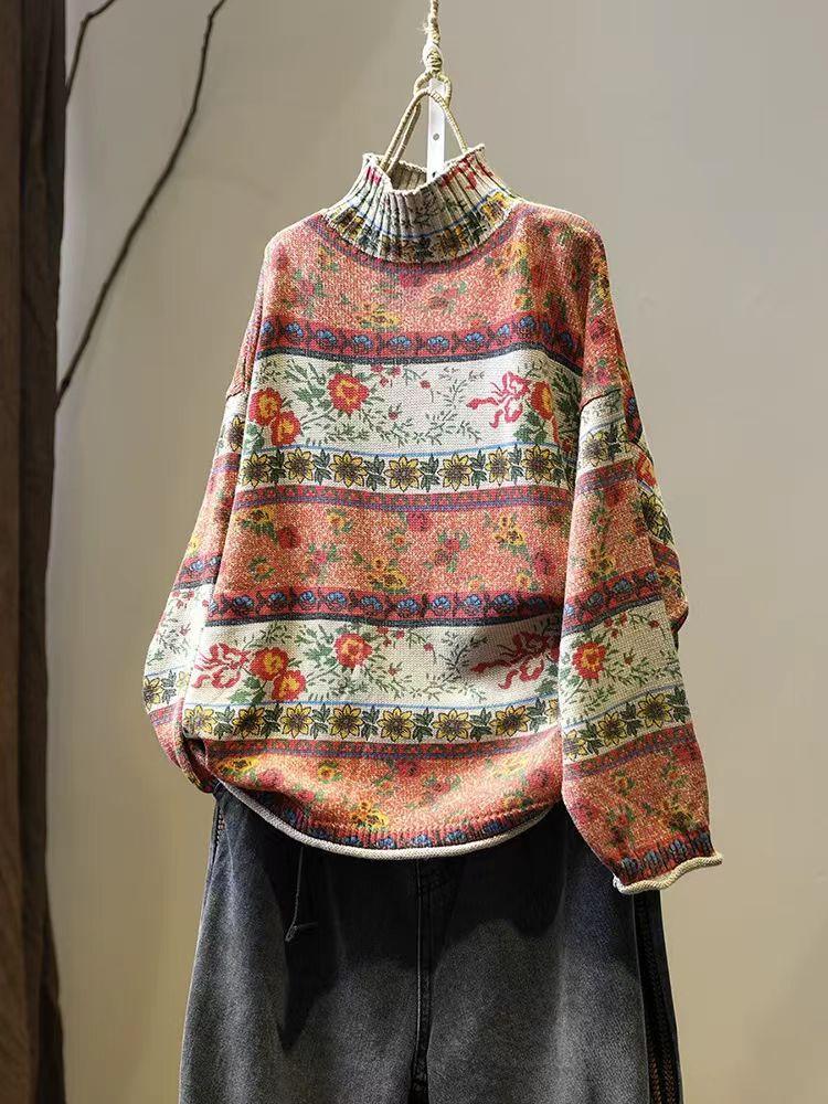 Vintage Floral Print Mock Neck Casual Loose Sweater Woman Autumn Fashion Long Sleeves Sweater