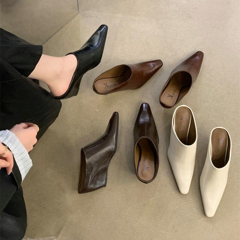 Fashion Half Slipper Women Soft Leather Small Square Wedge High Heels Fashion Wear Lazy Mugler Shoes