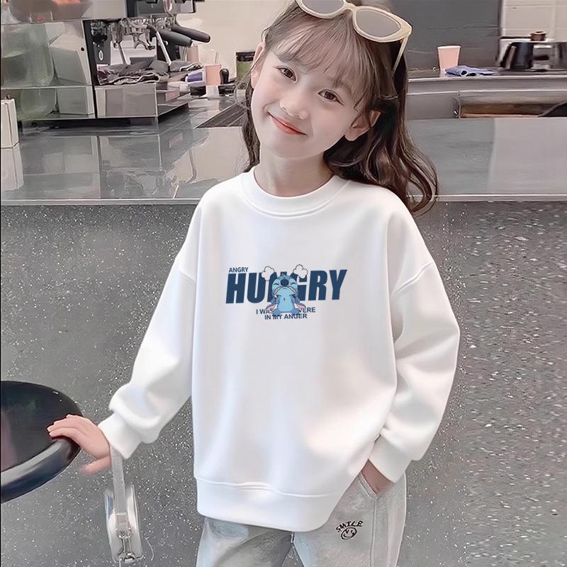 White Cotton Long-Sleeve Girls' Sweatshirt - Stylish and Versatile for Spring & Autumn