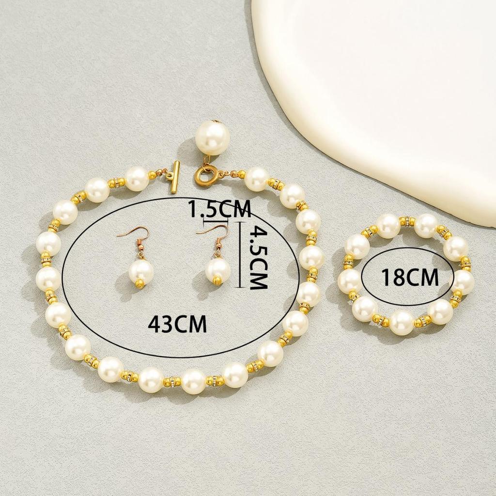Vergoldetes Kupfer Perlen Schmuckset für Damen, Halskette Armband Ohrringe 3-teiliges Perlen-Set