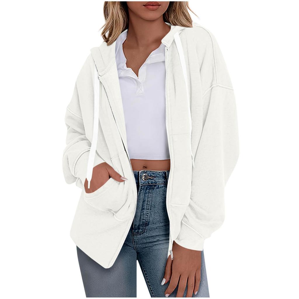 Women's Fashionable Solid Color Long Sleeved Hooded Sweatshirt With Loose Zipper Pocket Jacket