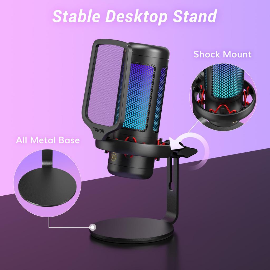 TONOR TC320 Gaming USB Microphone with Condenser Computer PC Microphone with Stand for for Black Microphone, RGB/Gain Control, Streaming, Podcasting,