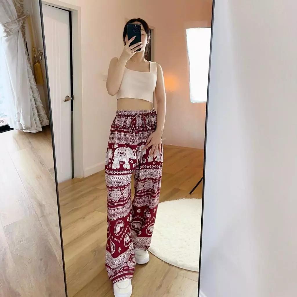 Elephant Pants Women Men Unisex Premium Japanese Silk Print Thailand Casual Streetwear Beach Bohemian Retro Vintage Adjustable Rope Loose Legs