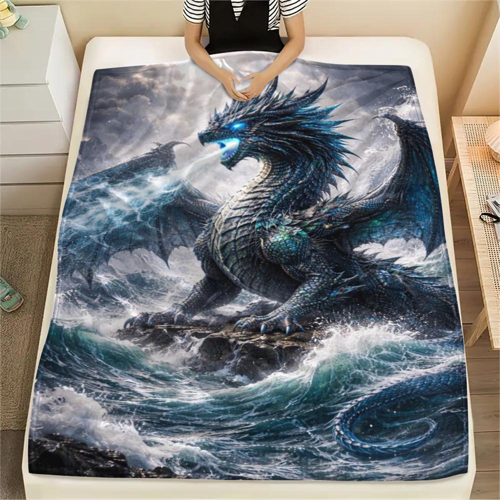 1Pc Fantasy Dragon Print Flannel Blanket, High Quality Comfortable for All Seasons, Home Decor, Warmth and Comfort, Perfect for Gifts
