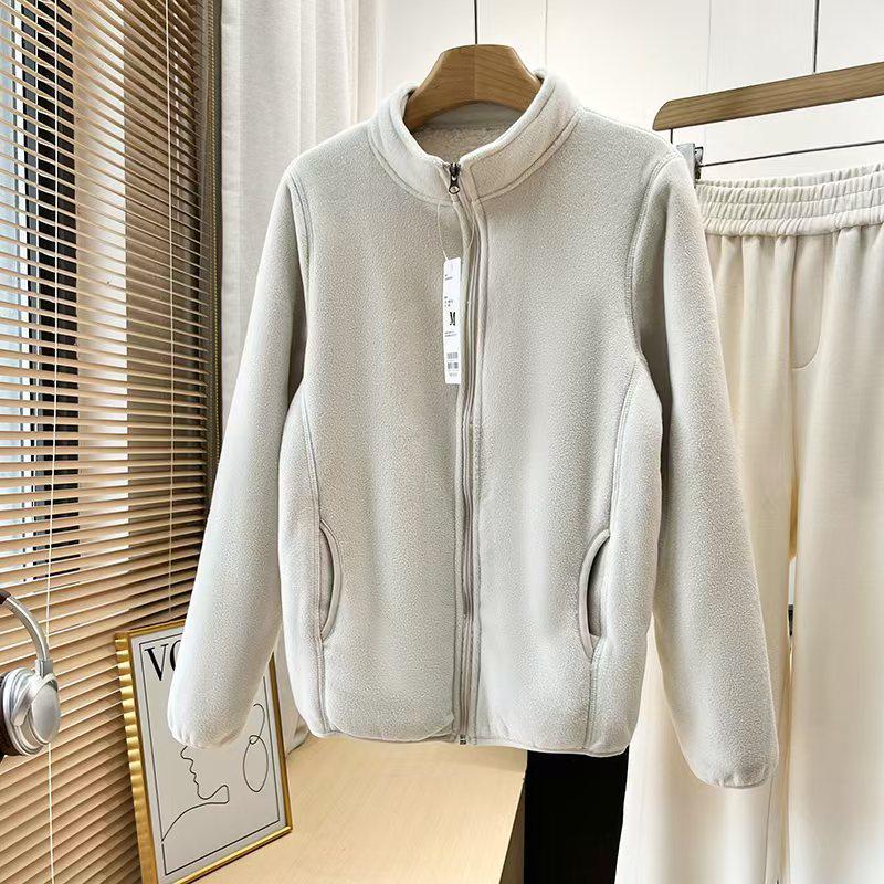 Unisex Retro Fleece Thickened Jacket with Stand Collar and Zipper - Autumn Winter Style