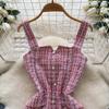 Podzim Jaro Dámské Ležérní Jednořadé Špagetové Ramínko Kostkované Tweedové Mini Krátké Šaty pro Studentku