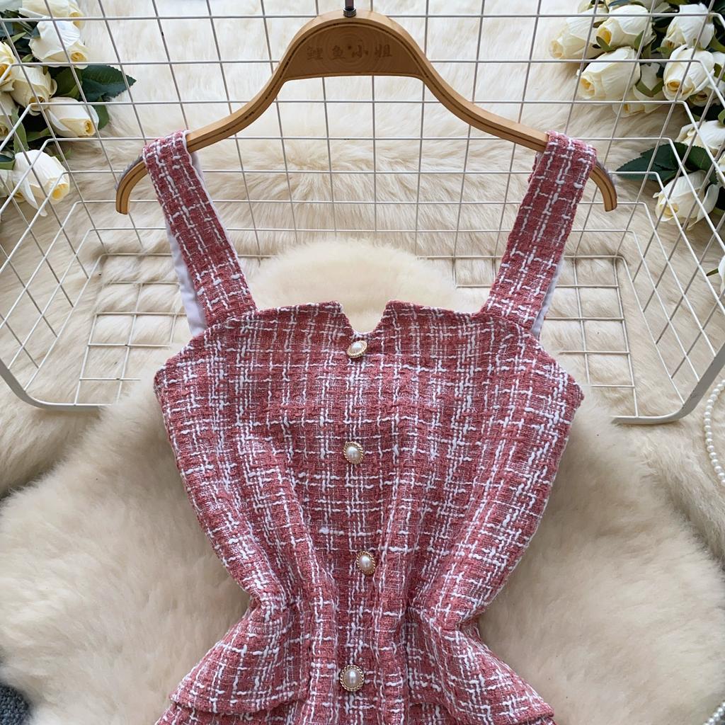 Podzim Jaro Dámské Ležérní Jednořadé Špagetové Ramínko Kostkované Tweedové Mini Krátké Šaty pro Studentku