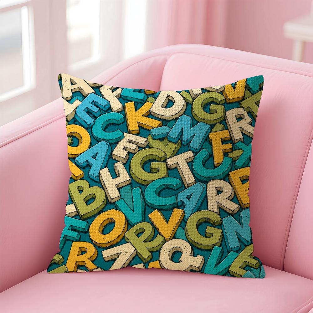 Colorful Alphabet Playful Letter Cushion Cover Natural Linen Organic Fabric DoubleSided Printing Sofa Home Decor Pillow Case