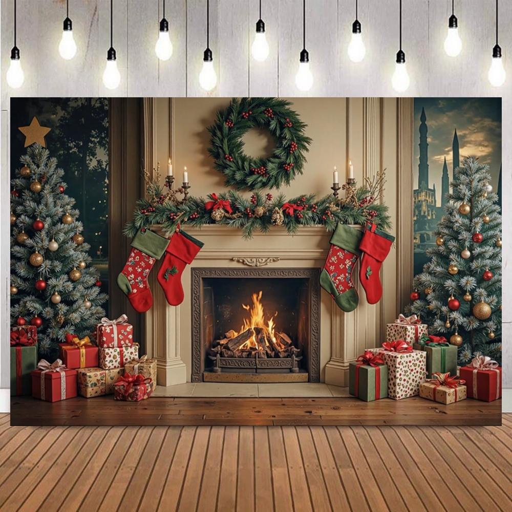 Christmas Classic Themed Photography Background Fireplace Xmas Tree Window Gifts Family Friends Party Decor Photo Backdrop Prop2