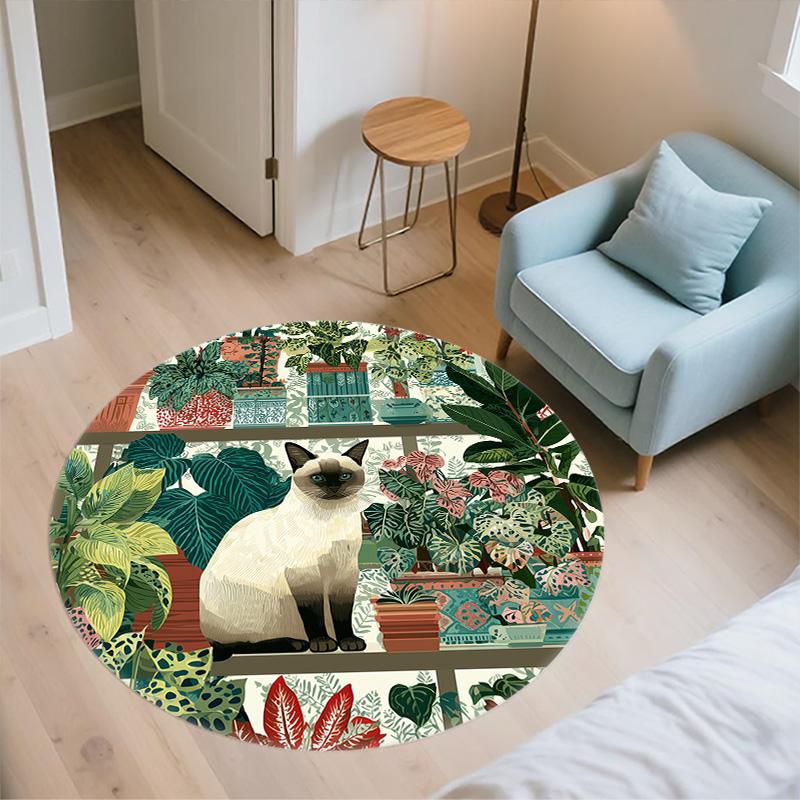 Plant Cat,Round Area Rug,Carpet Rug for Living Room Bedroom Sofa Playroom Decor,Non-slip Floor Mat