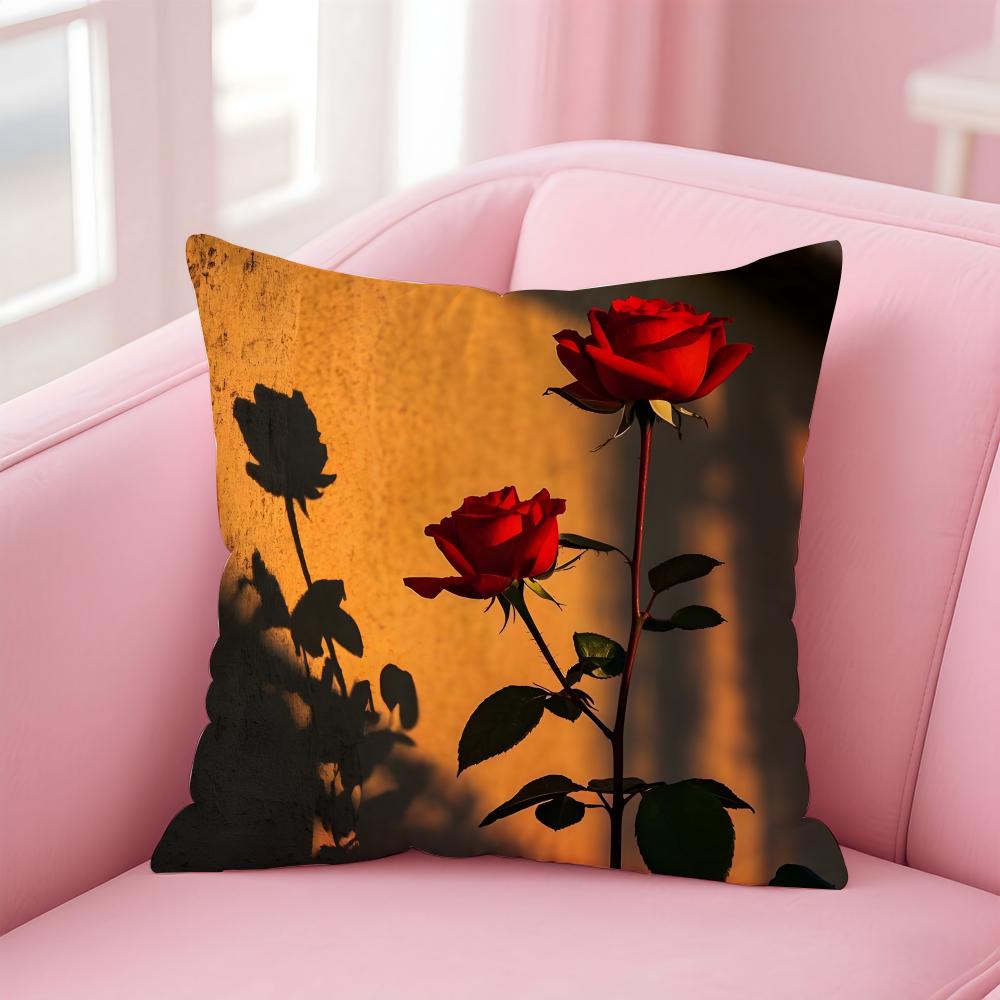 Romantic Red Rose Floral Cushion Cover Pillowcase Short Plush Invisible zipper Room Sofa Cushion Cover