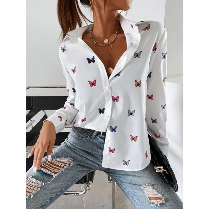 

Fashion Women s Printed Button Lapel Long Sleeve Loose Casual Top Shirt XL білий