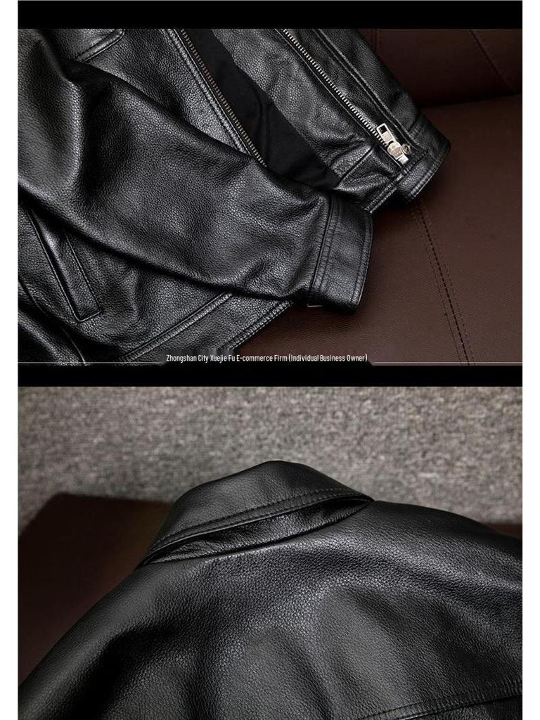 Men's Genuine Leather Turn-Down Collar Jacket - Short Style Cowhide Texture with Cotton, Plus Size - Ideal for Autumn & Winter