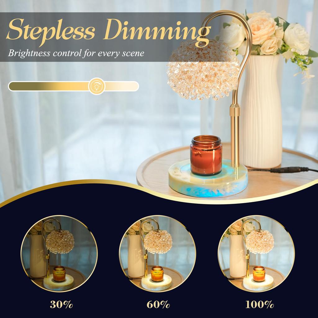 Luxury Smart Touch Candle Warmer Lamp - Dimmable LED Wax Melt Warmer with Crystal Gemstone Shade and Color-Changing Marble Base, VXUNLIOR Candle